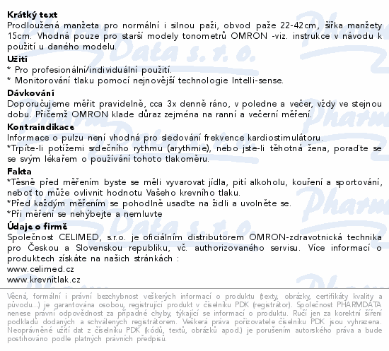 Prodloužená manžeta pro normální i silnou paži, obvod paže 22-42cm, šířka manžety 15cm. Vhodná pouze pro starší modely tonometrů OMRON -viz. instrukce v návodu k použití u daného modelu.