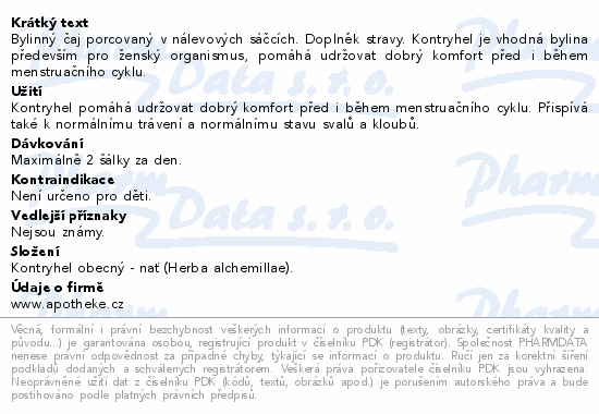 Bylinný čaj porcovaný v nálevových sáčcích. Doplněk stravy. Kontryhel je vhodná bylina především pro ženský organismus, pomáhá udržovat dobrý komfort před i během menstruačního cyklu.