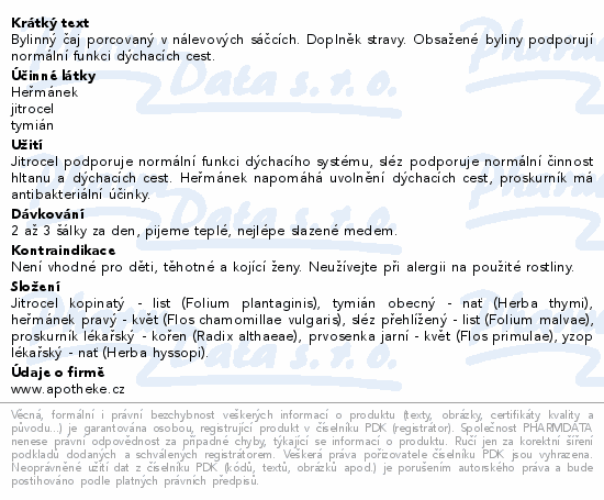Bylinný čaj porcovaný v nálevových sáčcích. Doplněk stravy. Obsažené byliny podporují normální funkci dýchacích cest.