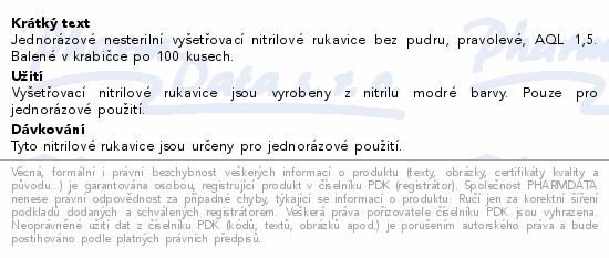 Jednorázové nesterilní vyšetřovací nitrilové rukavice bez pudru, pravolevé, AQL 1,5. Balené v krabičce po 100 kusech.