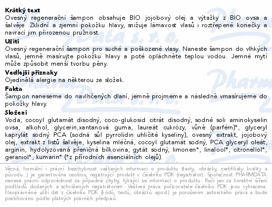 Ovesný regenerační šampon obsahuje BIO jojobový olej a výtažky z BIO ovsa a šalvěje. Zklidní a zjemní pokožku hlavy, snižuje lámavost vlasů i roztřepené konečky a navrací jim přirozenou pružnost.