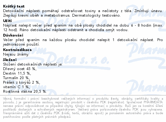 Detoxikační náplasti pomáhají odstraňovat toxiny a nečistoty z těla. Zmírňují únavu. Zlepšují krevní oběh a metabolismus. Dermatologicky testováno.