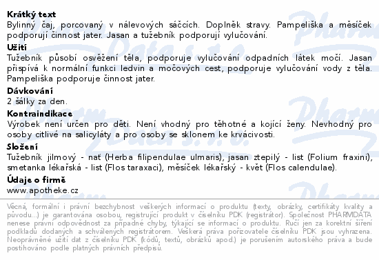 Bylinný čaj, porcovaný v nálevových sáčcích. Doplněk stravy. Pampeliška a měsíček podporují činnost jater. Jasan a tužebník podporují vylučování.