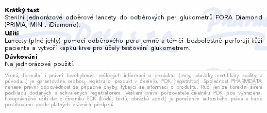Sterilní jednorázové odběrové lancety do odběrových per glukometrů FORA Diamond (PRIMA, MINI, iDiamond).