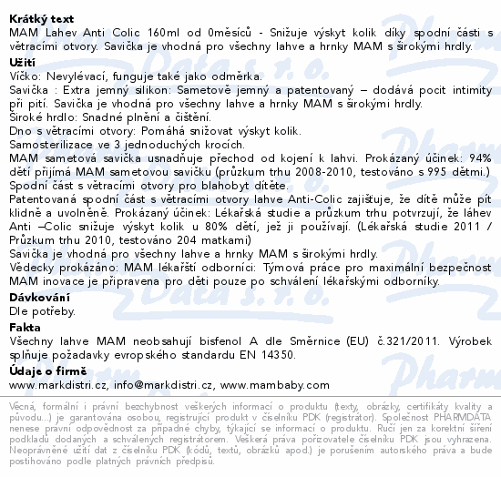 MAM Lahev Anti Colic 160ml od 0měsíců - Snižuje výskyt kolik díky spodní části s větracími otvory. Savička je vhodná pro všechny lahve a hrnky MAM s širokými hrdly.