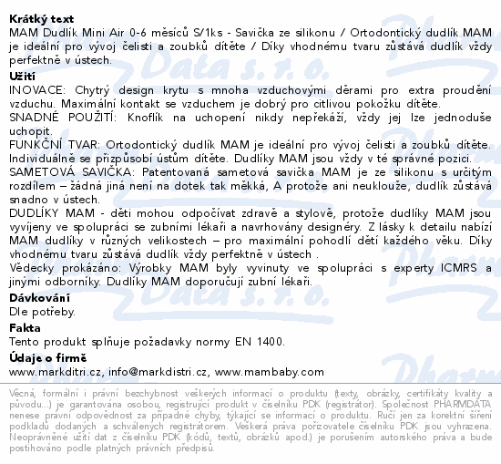 MAM Dudlík Mini Air 0-6 měsíců S/1ks - Savička ze silikonu / Ortodontický dudlík MAM je ideální pro vývoj čelisti a zoubků dítěte / Díky vhodnému tvaru zůstává dudlík vždy perfektně v ústech.