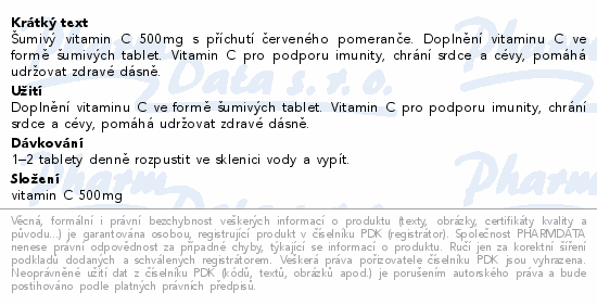 Šumivý vitamin C 500mg s příchutí červeného pomeranče. Doplnění vitaminu C ve formě šumivých tablet. Vitamin C pro podporu imunity, chrání srdce a cévy, pomáhá udržovat zdravé dásně.