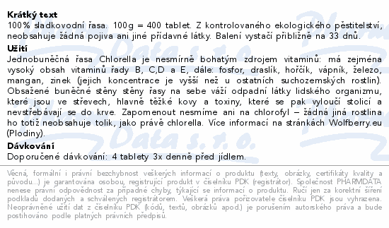 100% sladkovodní řasa. 100g = 400 tablet. Z kontrolovaného ekologického pěstitelství, neobsahuje žádná pojiva ani jiné přídavné látky. Balení vystačí přibližně na 33 dnů.
