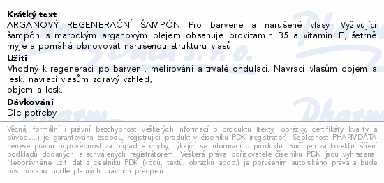 ARGANOVÝ REGENERAČNÍ ŠAMPÓN Pro barvené a narušené vlasy. Vyživující šampón s marockým arganovým olejem obsahuje provitamin B5 a vitamin E, šetrně myje a pomáhá obnovovat narušenou strukturu vlasů.