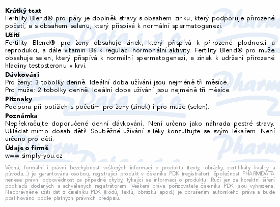 Fertility Blend® pro páry je doplněk stravy s obsahem zinku, který podporuje přirozené početí, a s obsahem selenu, který přispívá k normální spermatogenezi.