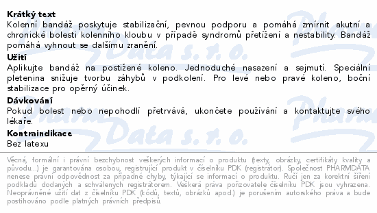 Kolenní bandáž poskytuje stabilizační, pevnou podporu a pomáhá zmírnit akutní a chronické bolesti kolenního kloubu v případě syndromů přetížení a nestability. Bandáž pomáhá vyhnout se dalšímu zranění.