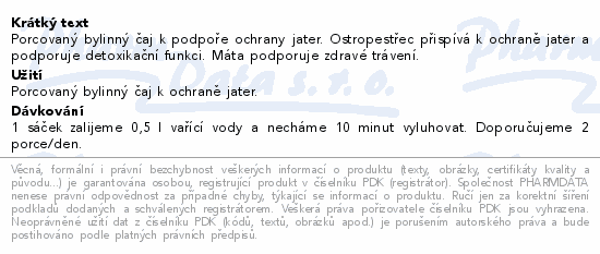 Porcovaný bylinný čaj k podpoře ochrany jater. Ostropestřec přispívá k ochraně jater a podporuje detoxikační funkci. Máta podporuje zdravé trávení.