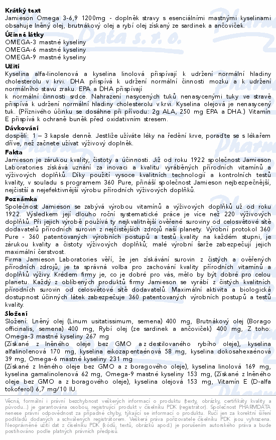 Jamieson Omega 3-6,9 1200mg - doplněk stravy s esenciálními mastnými kyselinami obsahuje lněný olej, brutnákový olej a rybí olej získaný ze sardinek a ančoviček.