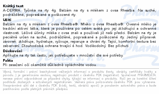 A-DERMA. Tyčinka na rty 4g. Balzám na rty s mlékem z ovsa Rhealba. Na suché, podrážděné, popraskané a poškozené rty.
