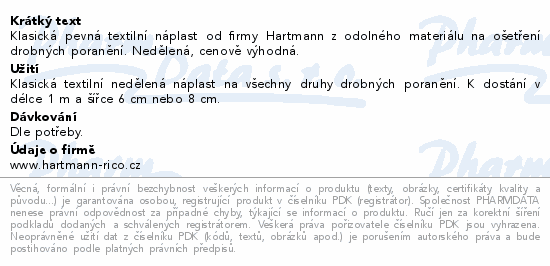 Klasická pevná textilní náplast od firmy Hartmann z odolného materiálu na ošetření drobných poranění. Nedělená, cenově výhodná.