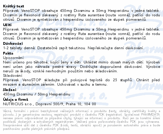Přípravek VenoSTOP obsahuje 450mg Diosminu a 50mg Hesperidinu v jedné tabletě. Diosmin je flavonoid získavaný z rostliny Ruta aurantiae (routa vonná), patřící do rodu citrusů. Diosmin je syntetizován z hesperidinu izolovaného ze slupek pomerančů.