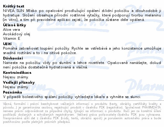 NIVEA SUN Mléko po opalování prodlužující opálení zklidní pokožku a dlouhodobě ji hydratuje. Složení obsahuje přírodní rostlinné výtažky, které podporují tvorbu melaninu (in vitro), a tím při pravidelné aplikaci zajistí, že pokožka zůstane déle opálená.
