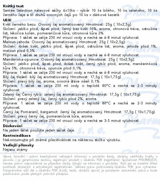 Santée Selection nálevové sáčky 6x10ks - výběr 10 ks bílého, 10 ks zeleného, 10 ks černého čaje a tří druhů ovocných čajů po 10 ks v dárkové kazetě.