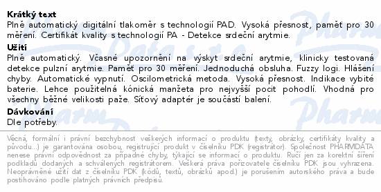 Plně automatický digitální tlakoměr s technologií PAD. Vysoká přesnost, paměť pro 30 měření. Certifikát kvality s technologií PA - Detekce srdeční arytmie.