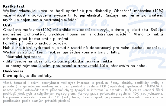 Wellion zvláčňující krém se hodí optimálně pro diabetiky. Obsažená močovina (10%) váže vlhkost v pokožce a zvyšuje tímto její elasticitu. Snižuje nadměrné zrohovatění, urychluje hojení ran a odstraňuje svědění.
