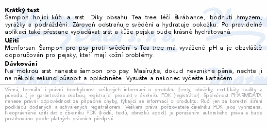 Šampon hojící kůži a srst. Díky obsahu Tea tree léčí škrábance, bodnutí hmyzem, vyrážky a podráždění. Zároveň odstraňuje svědění a hydratuje pokožku. Po pravidelné aplikaci také přestane vypadávat srst a kůže pejska bude krásně hydratovaná.