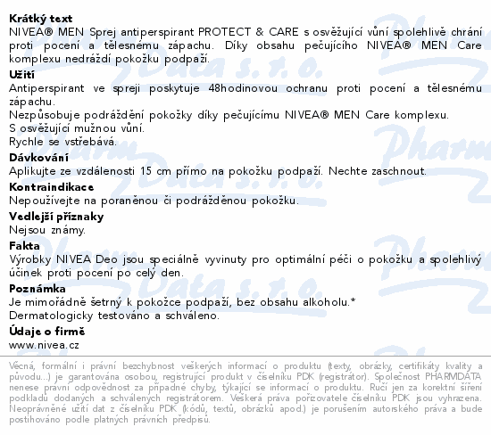 NIVEA® MEN Sprej antiperspirant PROTECT & CARE s osvěžující vůní spolehlivě chrání proti pocení a tělesnému zápachu. Díky obsahu pečujícího NIVEA® MEN Care komplexu nedráždí pokožku podpaží.