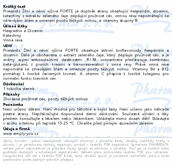 Priessnitz Žilní a cévní výživa FORTE je doplněk stravy obsahující hesperidin, diosmin, katechiny z extraktu zeleného čaje zlepšující pružnost cév, vinnou révu napomáhající ke zdravějším žilám a omezení pocitů těžkých nohou, a vitaminy skupiny B.