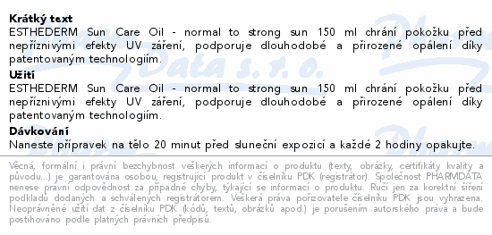 ESTHEDERM Sun Care Oil - normal to strong sun 150 ml chrání pokožku před nepříznivými efekty UV záření, podporuje dlouhodobé a přirozené opálení díky patentovaným technologiím.