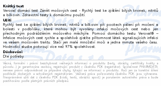 Veroval domácí test Zánět močových cest - Rychlý test ke zjištění bílých krvinek, nitritů a bílkovin. Zdravotní testy k domácímu použití.