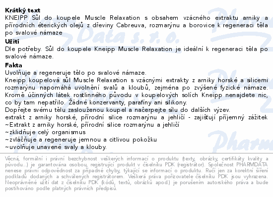 KNEIPP Sůl do koupele Muscle Relaxation s obsahem vzácného extraktu arniky a přírodních éterických olejů z dřeviny Cabreuva, rozmarýnu a borovice k regeneraci těla po svalové námaze