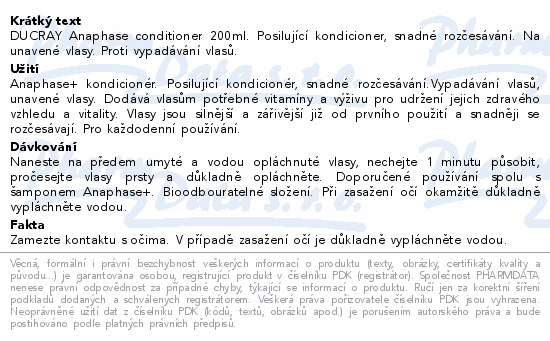 DUCRAY Anaphase conditioner 200ml. Posilující kondicioner, snadné rozčesávání. Na unavené vlasy. Proti vypadávání vlasů.