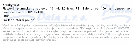 Plastová zkumavka o objemu 10 ml, kónická, PS. Baleno po 100 ks. Uzávěr ke zkumavce kat. č. 1065B/100.