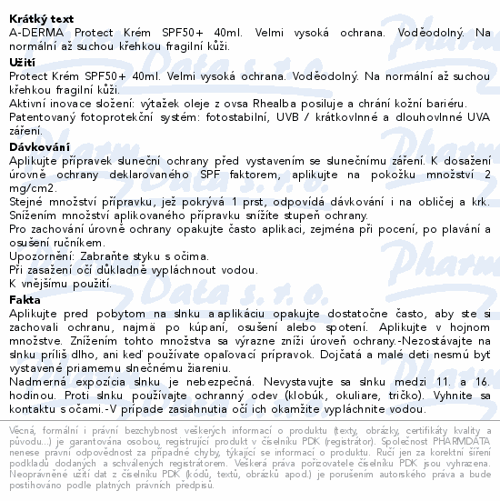 A-DERMA Protect Krém SPF50+ 40ml. Velmi vysoká ochrana. Voděodolný. Na normální až suchou křehkou fragilní kůži.