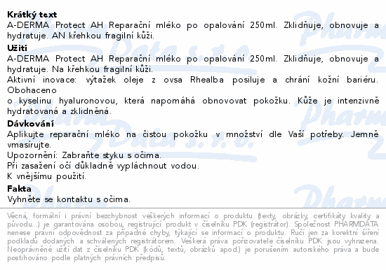 A-DERMA Protect AH Reparační mléko po opalování 250ml. Zklidňuje, obnovuje a hydratuje. AN křehkou fragilní kůži.