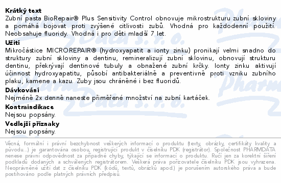 Zubní pasta BioRepair® Plus Sensitivity Control obnovuje mikrostrukturu zubní skloviny a pomáhá bojovat proti zvýšené citlivosti zubů. Vhodná pro každodenní použití. Neobsahuje fluoridy. Vhodná i pro děti mladší 7 let.
