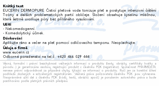 EUCERIN DERMOPURE Čisticí pleťová voda tonizuje pleť a poskytuje intenzivní čištění T-zóny a dalších problematických partií obličeje. Složení obsahuje kyselinu mléčnou, která šetrně uvolňuje póry bez přílišného vysušování.