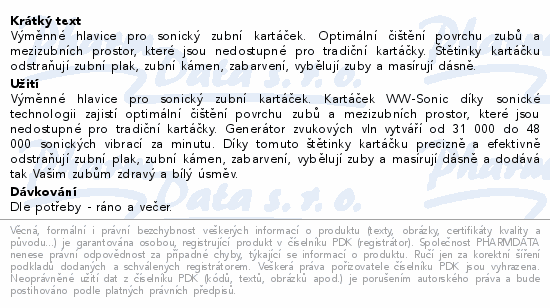 Výměnné hlavice pro sonický zubní kartáček. Optimální čištění povrchu zubů a mezizubních prostor, které jsou nedostupné pro tradiční kartáčky. Štětinky kartáčku odstraňují zubní plak, zubní kámen, zabarvení, vybělují zuby a masírují dásně.