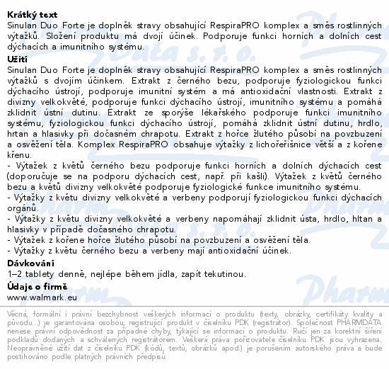 Sinulan Duo Forte je doplněk stravy obsahující RespiraPRO komplex a směs rostlinných výtažků. Složení produktu má dvojí účinek. Podporuje funkci horních a dolních cest dýchacích a imunitního systému.