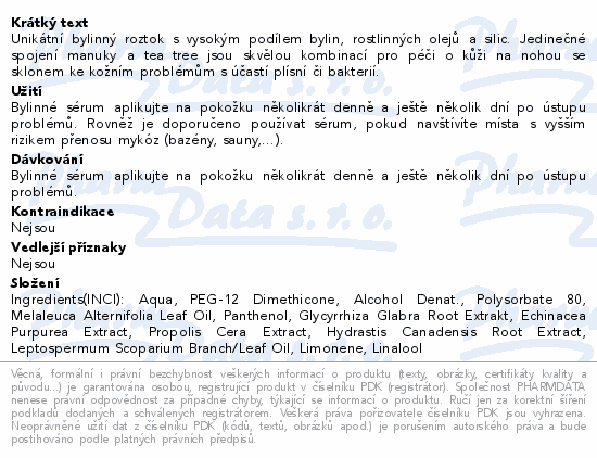 Unikátní bylinný roztok s vysokým podílem bylin, rostlinných olejů a silic. Jedinečné spojení manuky a tea tree jsou skvělou kombinací pro péči o kůži na nohou se sklonem ke kožním problémům s účastí plísní či bakterií.