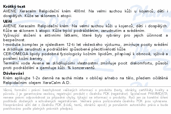 AVENE Xeracalm Relipidační krém 400ml. Na velmi suchou kůži u kojenců, dětí i dospělých. Kůže se sklonem k atopii.