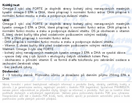 Omega-3 rybí olej FORTE je doplněk stravy bohatý zdroj nenasycených mastných kyselin omega-3 EPA a DHA, které přispívají k normální funkci srdce. DHA přispívá k normální funkci mozku a zraku a podporuje duševní vitalitu.