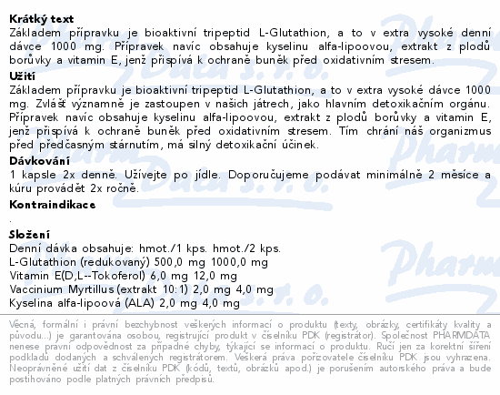 Základem přípravku je bioaktivní tripeptid L-Glutathion, a to v extra vysoké denní dávce 1000 mg. Přípravek navíc obsahuje kyselinu alfa-lipoovou, extrakt z plodů borůvky a vitamin E, jenž přispívá k ochraně buněk před oxidativním stresem.