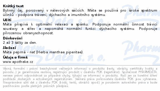 Bylinný čaj, porcovaný v nálevových sáčcích. Máta se používá pro široké spektrum účinků - podpora trávení, dýchacího a imunitního systému.
