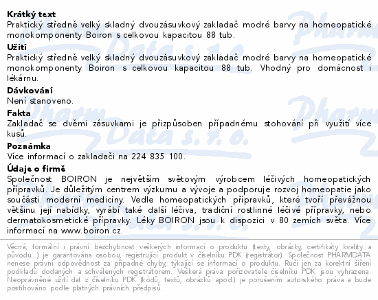Praktický středně velký skladný dvouzásuvkový zakladač modré barvy na homeopatické monokomponenty Boiron s celkovou kapacitou 88 tub.