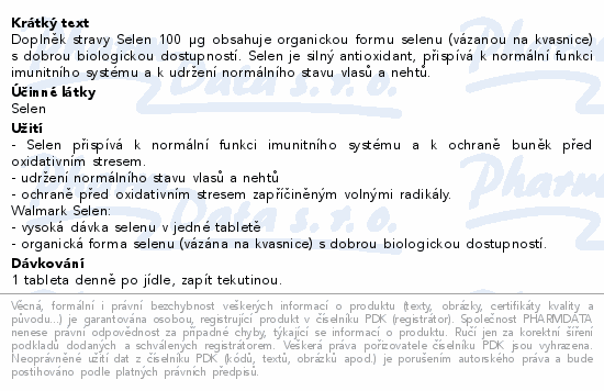 Doplněk stravy Selen 100 µg obsahuje organickou formu selenu (vázanou na kvasnice) s dobrou biologickou dostupností. Selen je silný antioxidant, přispívá k normální funkci imunitního systému a k udržení normálního stavu vlasů a nehtů.