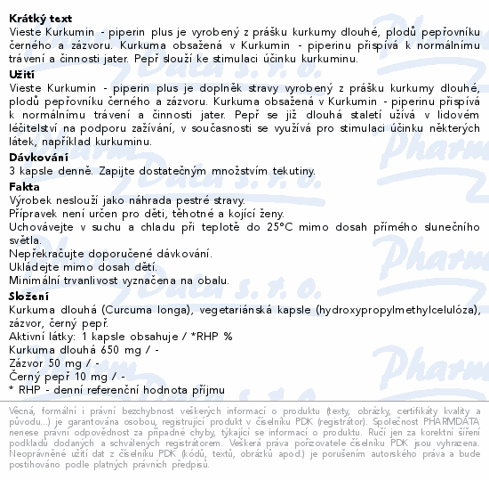 Vieste Kurkumin - piperin plus je vyrobený z prášku kurkumy dlouhé, plodů pepřovníku černého a zázvoru. Kurkuma obsažená v Kurkumin - piperinu přispívá k normálnímu trávení a činnosti jater. Pepř slouží ke stimulaci účinku kurkuminu.