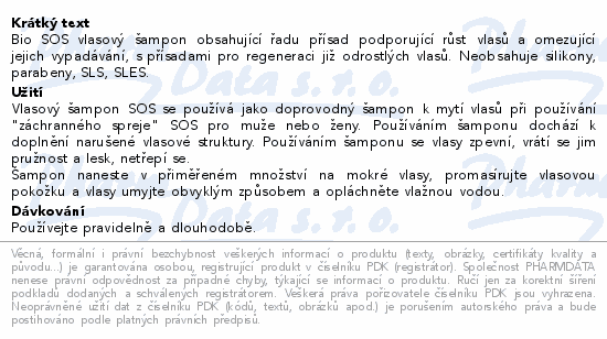 Bio SOS vlasový šampon obsahující řadu přísad podporující růst vlasů a omezující jejich vypadávání, s přísadami pro regeneraci již odrostlých vlasů. Neobsahuje silikony, parabeny, SLS, SLES.