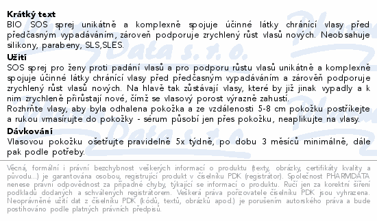 BIO SOS sprej unikátně a komplexně spojuje účinné látky chránící vlasy před předčasným vypadáváním, zároveň podporuje zrychlený růst vlasů nových. Neobsahuje silikony, parabeny, SLS,SLES.