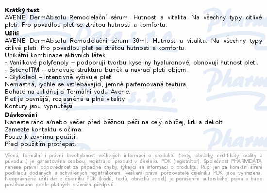 AVENE DermAbsolu Remodelační sérum. Hutnost a vitalita. Na všechny typy citlivé pleti. Pro povadlou pleť se ztrátou hutnosti a komfortu.