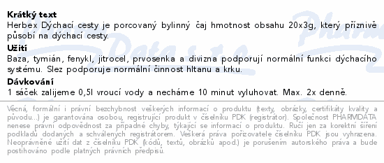Herbex Dýchací cesty je porcovaný bylinný čaj hmotnost obsahu 20x3g, který příznivě působí na dýchací cesty.